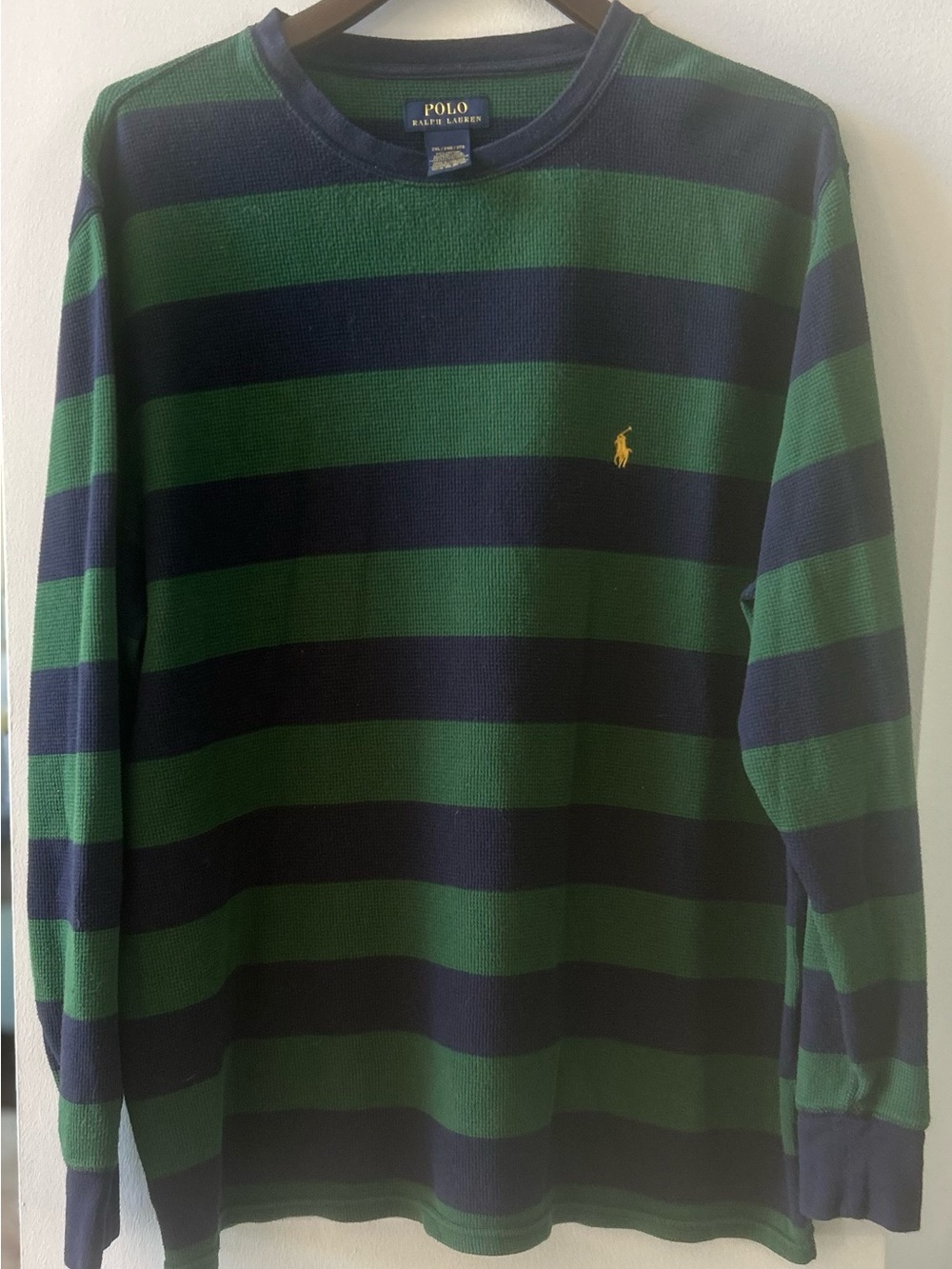 Vintage Polo Ralph Lauren Shirt Men's Green Navy Stripe Waffle Knit Preppy 2XL
